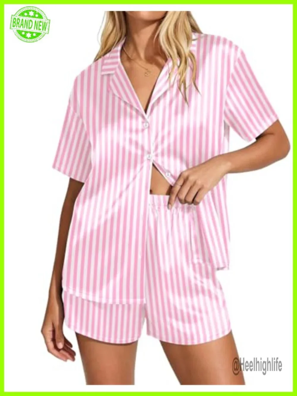 Satin Pajama Set Short Sleeve Button Down Sleepwear 2 Piece Silky Pj Set Ladies